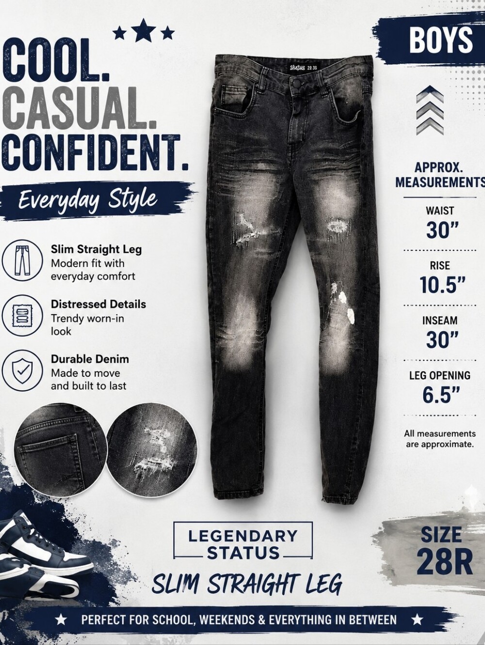 Slim Straight Leg Distressed Black Jeans Waist Size 30